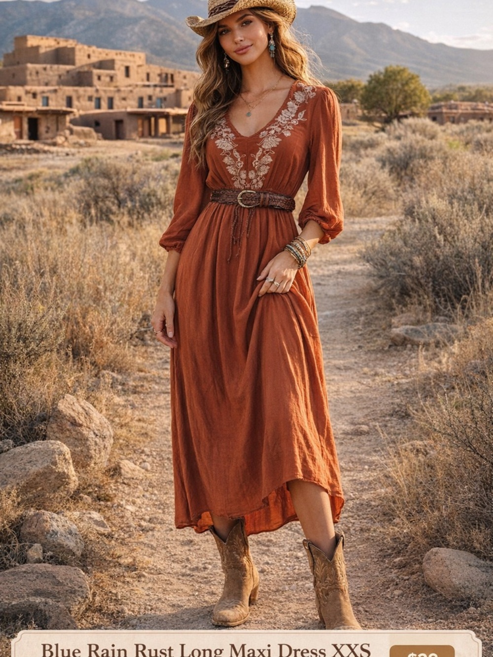 Blue Rain Rust Embroidered Boho Maxi Dress XXS | Western Desert Chic